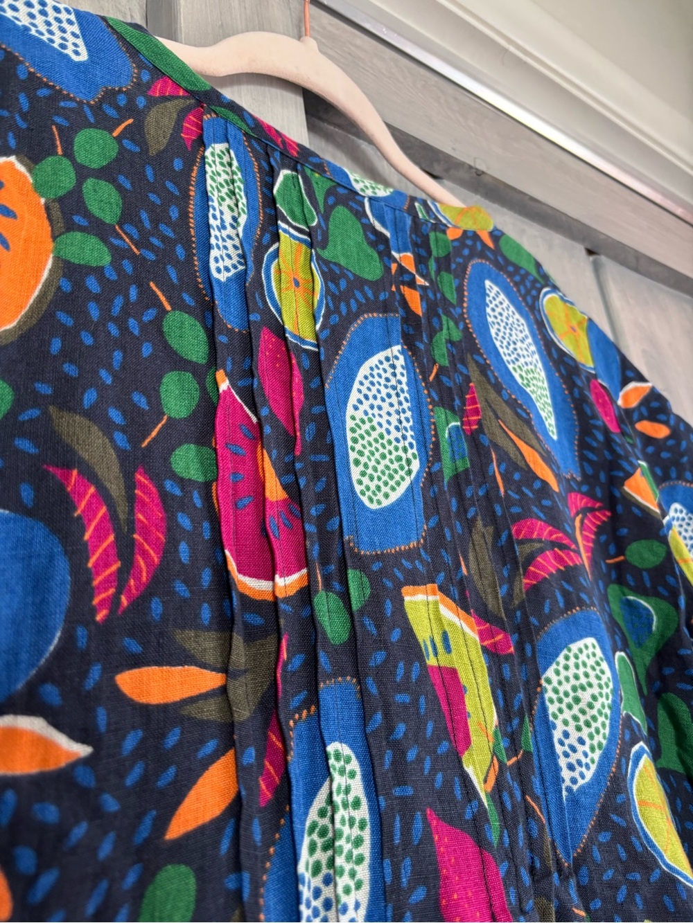 Gudrun Sjoden 100% Linen Blue Black Colorful Fruit Dress lagenlook Size Large - Picture 11 of 11